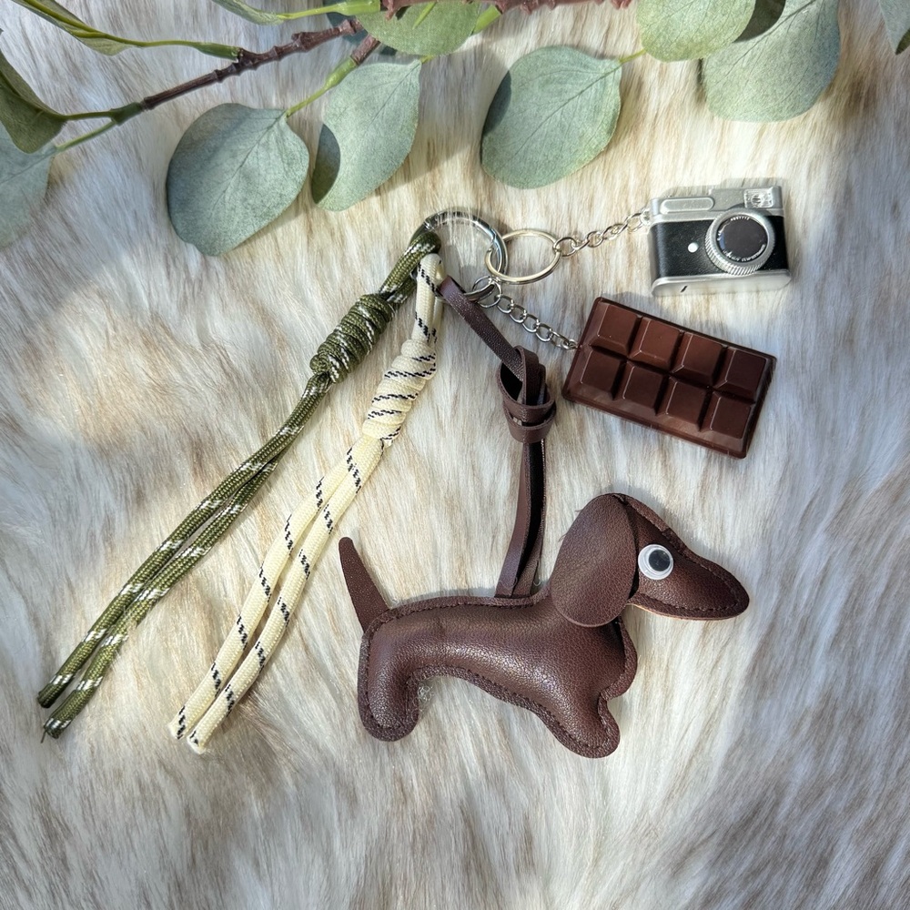 Brown Dog Keychain with Camera and Chocolate Charms